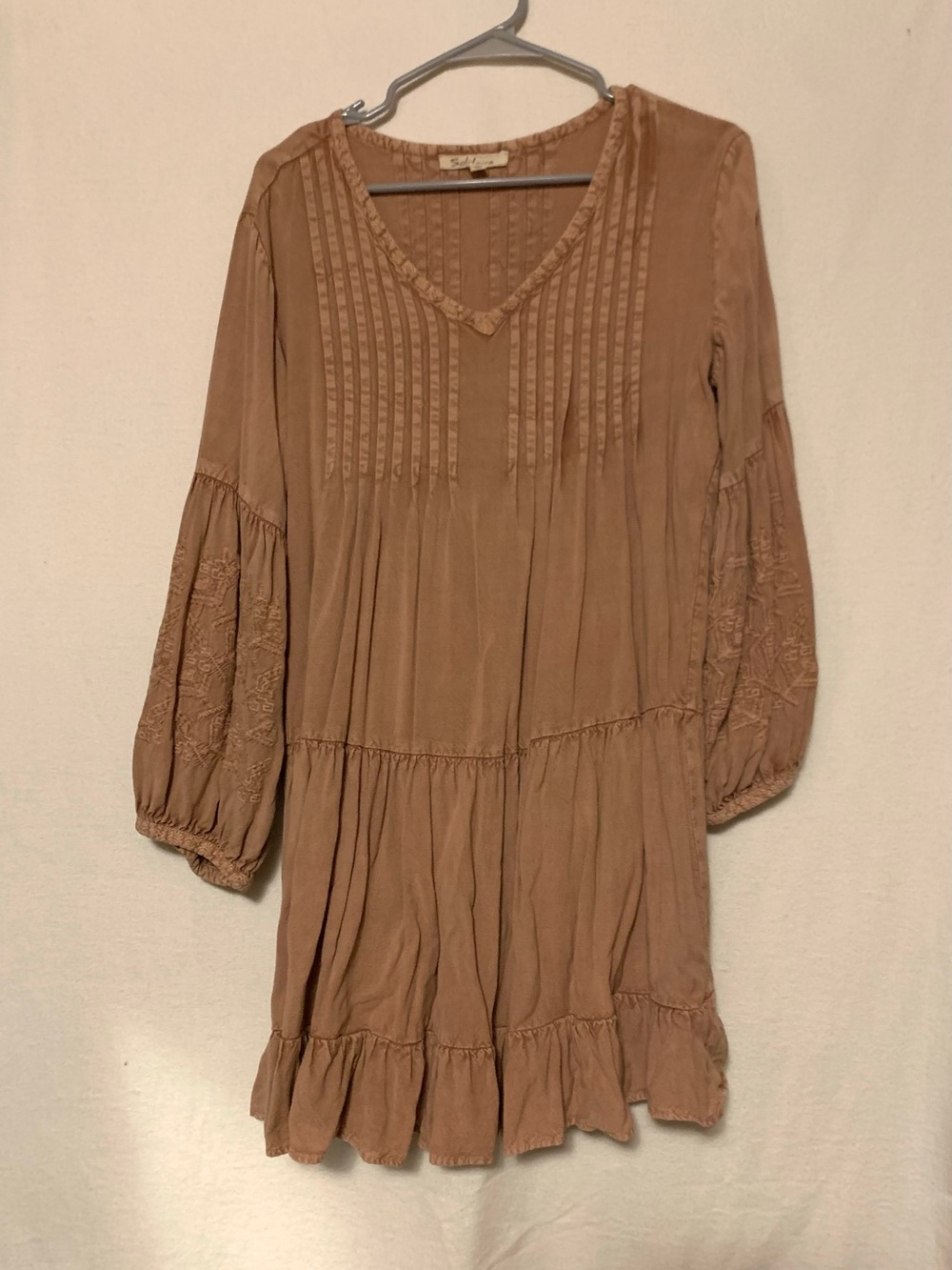 Solitaire Dusty Pink Embroidered Pin Tuck Boho Tiered Peasant Dress L - Picture 2 of 9